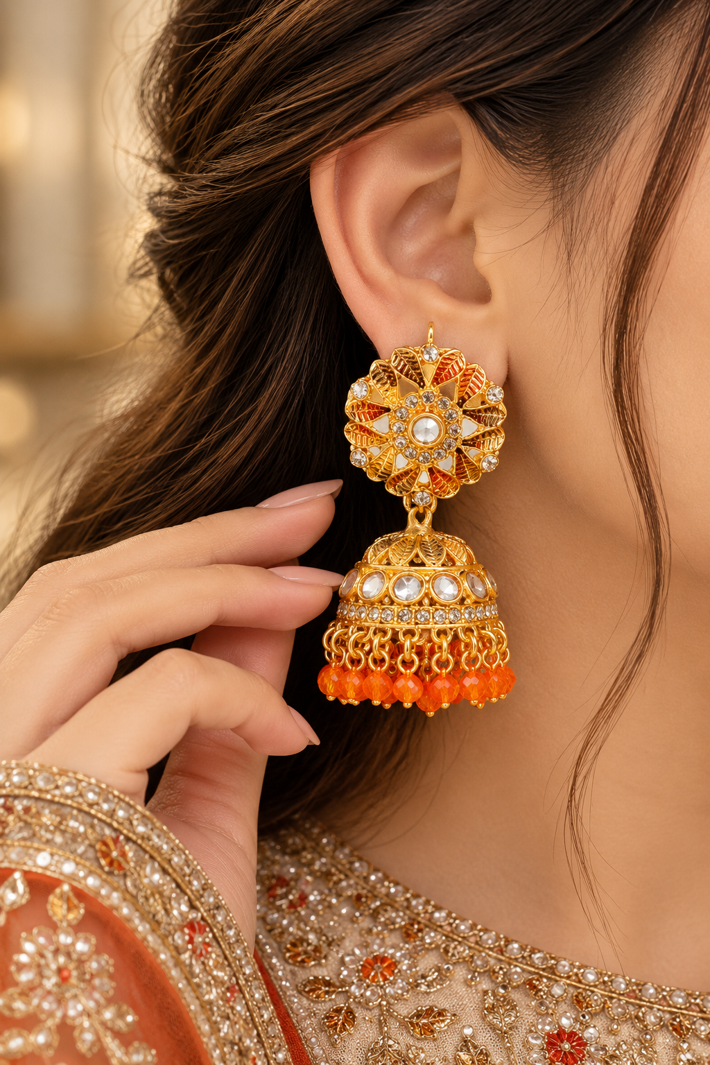 Flower Shape Jumka Earrings Golden Body